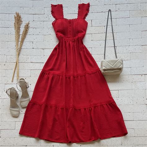 Vestido Longuete Gripier Detalhado E Camadas Luxo Vermelho Dondoca