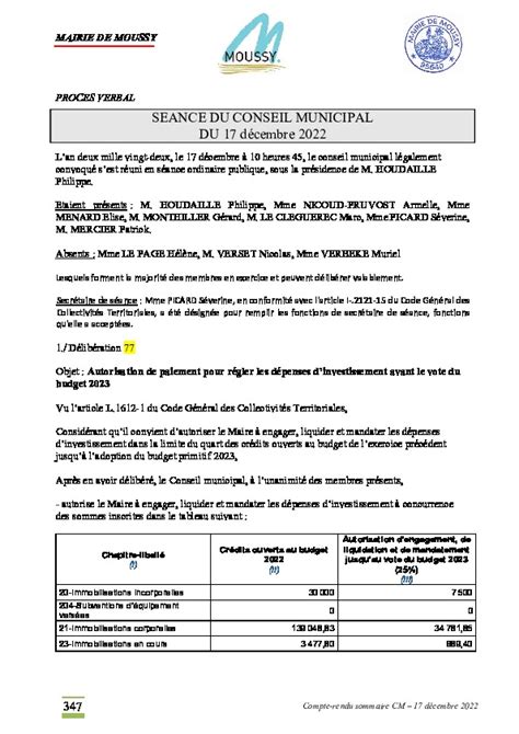 Proc S Verbal R Union De Conseil Du Novembre Moussy