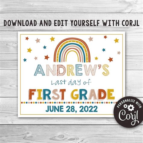 Editable Last Day Of First Grade Sign Boho Rainbow Last Day Of Etsy