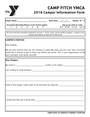 Fillable Online Campfitchymca Camper Information Form Camp Fitch YMCA