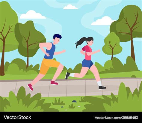 Two happy people jogging in park Royalty Free Vector Image