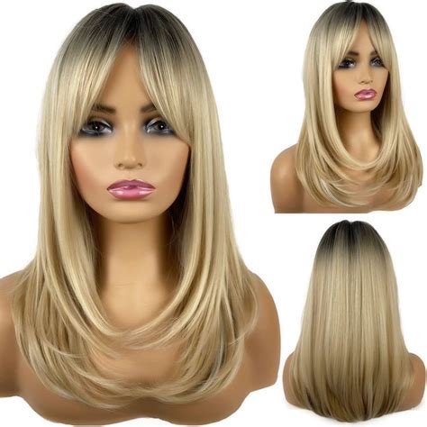 Mimiservice Long Blonde Wigs For Women Blonde Wigs With Bangs Layered Shoulder Length Synthetic