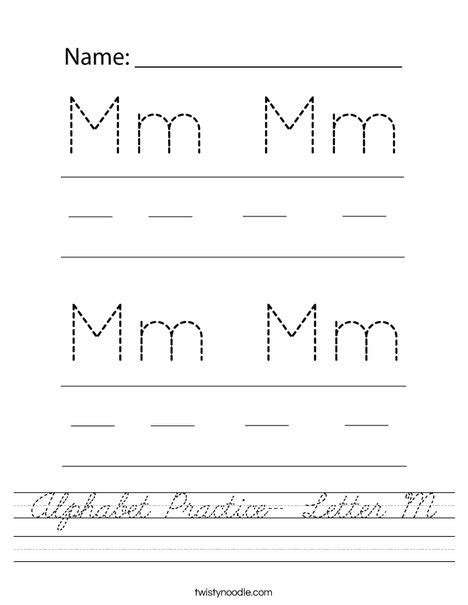 Alphabet Practice- Letter M Worksheet - Cursive - Twisty Noodle