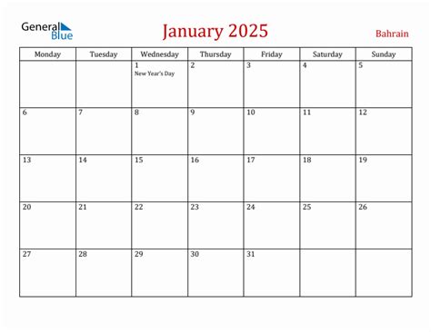 January 2025 - Bahrain Monthly Calendar with Holidays