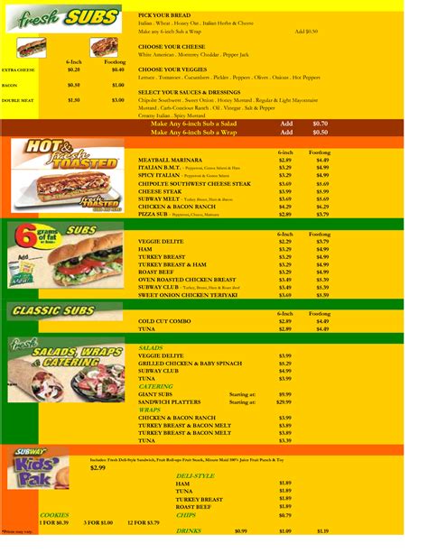 subway menu prices