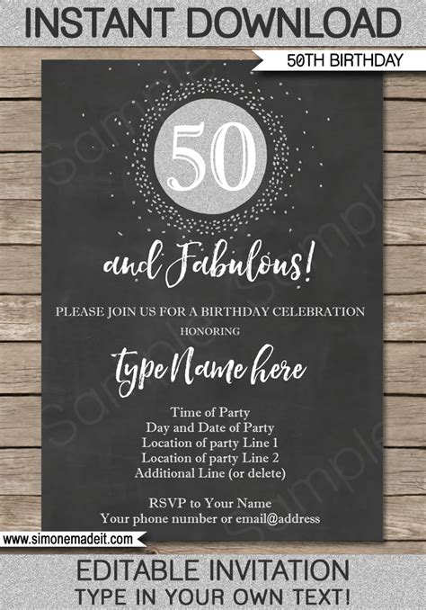 Chalkboard 50th Birthday Invitation Template | Silver Glitter