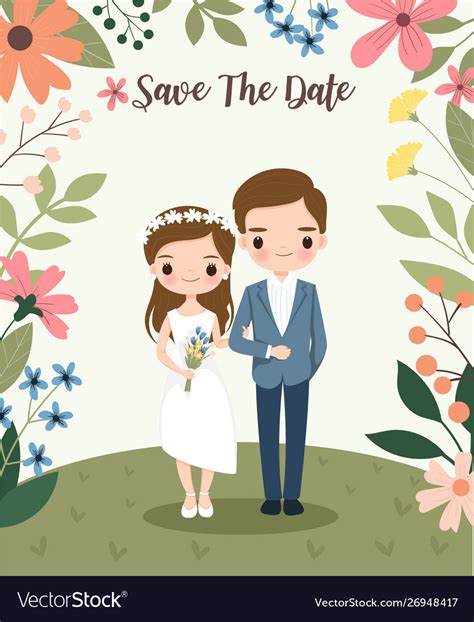 Cute bride and groom on flower wedding Royalty Free Vector