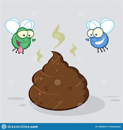 Two Flies Hovering Over Pile Of Happy Poop Cartoon Characters ...