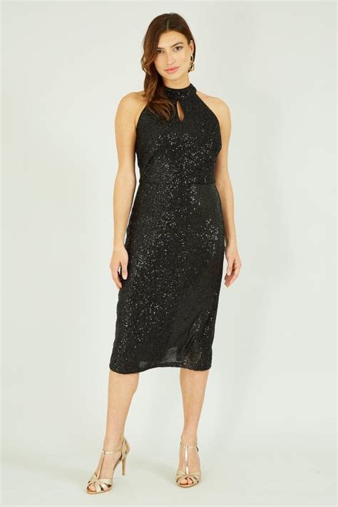 Yumi Black Sequin Halter Neck Midi Dress Yumi