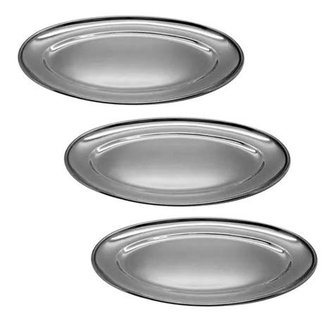 Kit 3 Travessa Bandeja Oval Inox 34cm Restaurante Porção