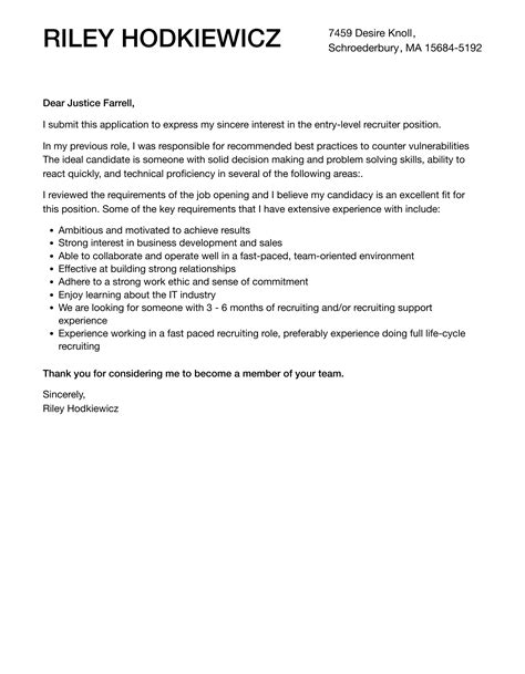 Entry Level Recruiter Cover Letter Velvet Jobs