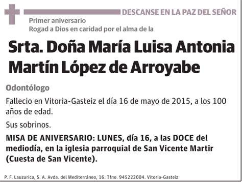 Mar A Luisa Antonia Mart N L Pez De Arroyabe Esquela El Correo