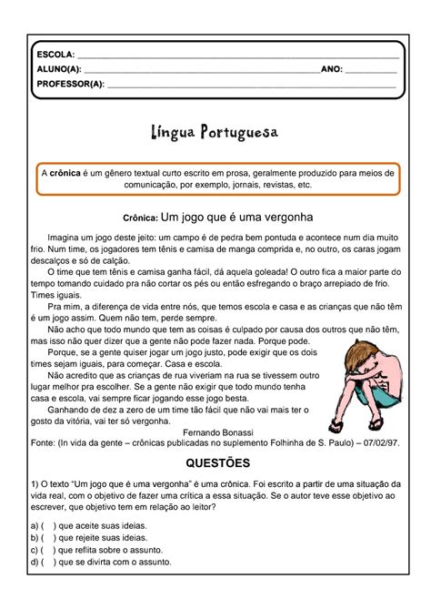 Interpretação De Crônica - 👍Crônica: leitura e interpretação Atividade de língua portuguesa para ...