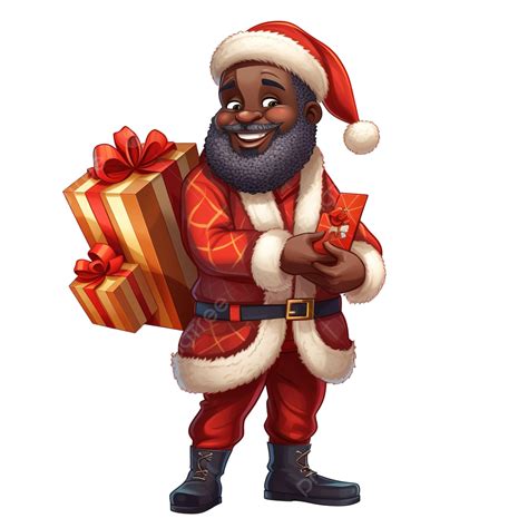 American African Santa Claus Holding Bag With Presents And Smiling