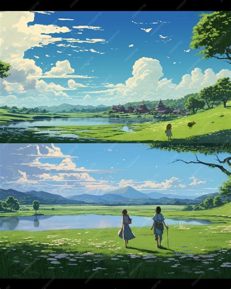 Premium AI Image | anime scenery of two people walking in a field with ...