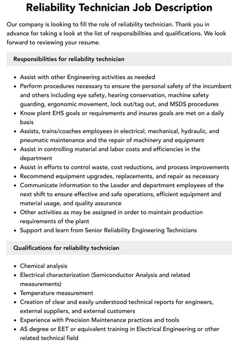 Reliability Technician Job Description Velvet Jobs