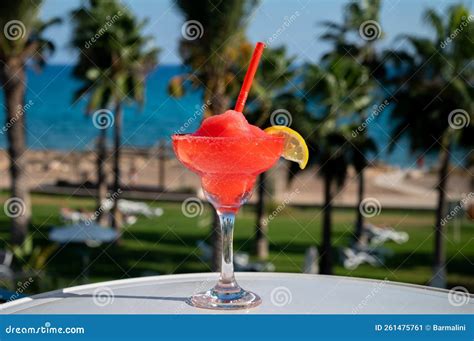 Colourful Cold Strawberry Daiquiri Cocktail Drink Served In Glass At