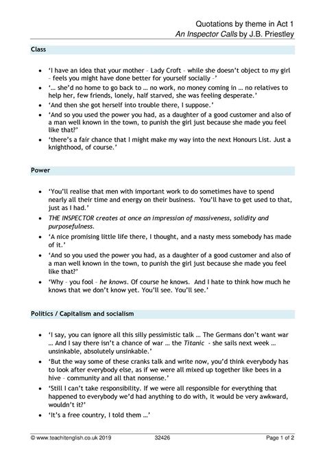 An Inspector Calls Key Quotation Sheets Teaching Resources Off