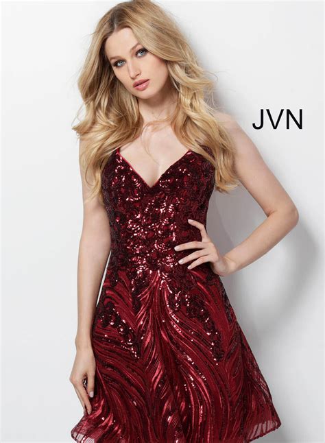 Jvn65805 Dress Burgundy Short Fit And Flare Beaded Party Dress