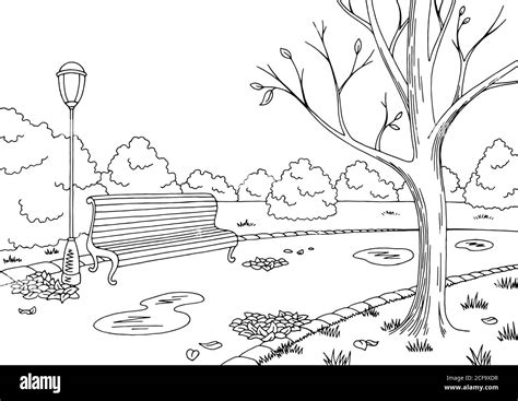 Autumn park graphic black white landscape sketch illustration vector ...