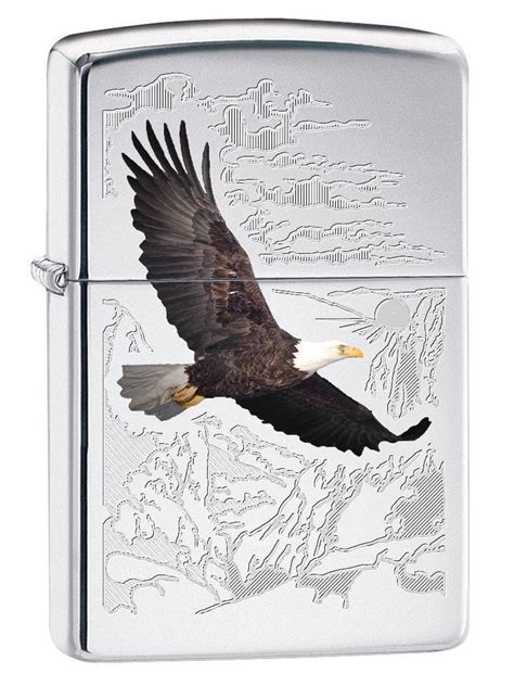 Zippo Lighter Bald Eagle With Engraved Background High Polish Chrom Lucas Lighters