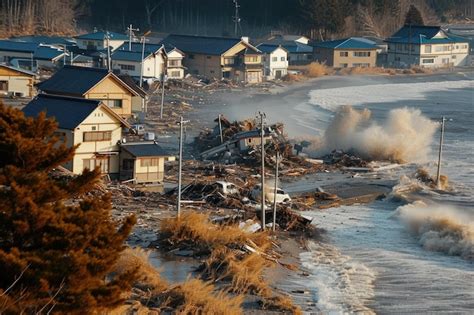 Premium AI Image | tsunami attack a coastal town after earthquake