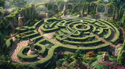 A beautiful garden maze with a statue of an angel in the center The ...