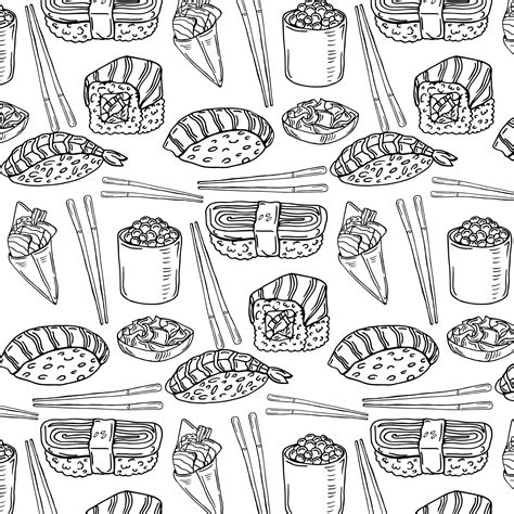 Black And White Sushi Pattern In Doodle Stile Vector Art At