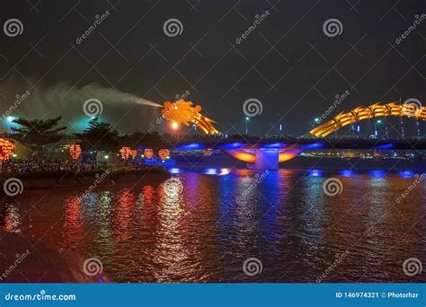 Dragon Bridge In Da Nang Vietnam At Night The Dragon Blowing Hot Fire Out Of Its Mouth A