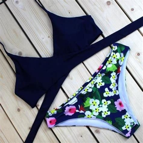 Upper Black Chest Straps Cross Halter Bottom Floral Print Two Piece Bikini On Luulla