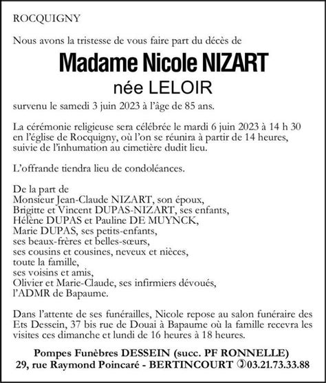 Madame Nicole NIZART née LELOIR Pompes Funèbres Dessein