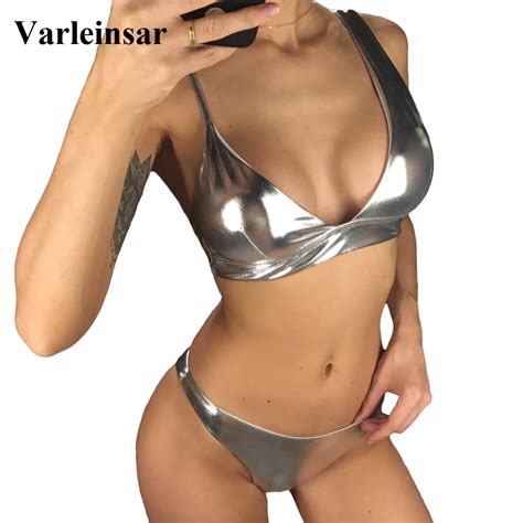 2019 NEW Shiny Silver Bikini Women Swimwear Female Swimsuit Two Pieces