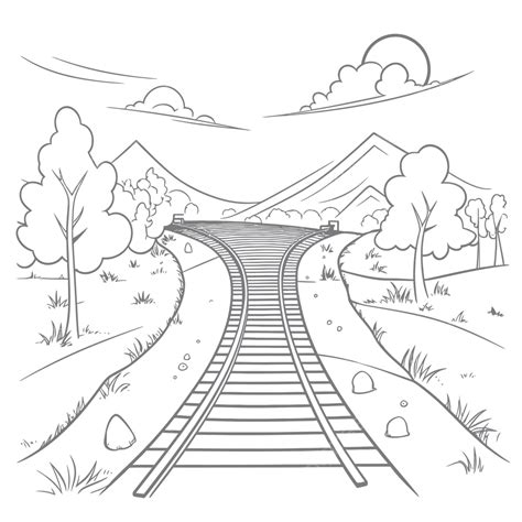 Railroad Track Over A Country Landscape Coloring Pages Outline Sketch ...