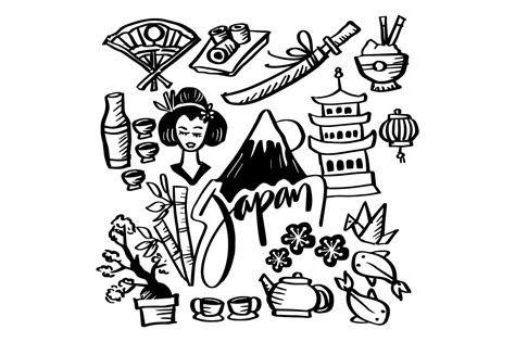 Set Of Japan Doodles Elements Hand Drawn Graphic By Handhini