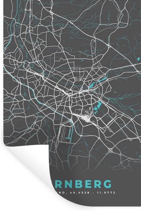 Muurstickers Stadskaart Plattegrond Duitsland Blauw N Rnberg