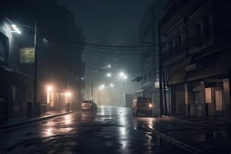 Premium AI Image | Lofi city street at night with dramatic lighting and fog