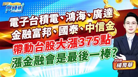 有cc字幕 20240429【電子台積電、鴻海、廣達 金融富邦、國泰、中信金 帶動台股大漲375點 漲金融會是最後一棒】楊育華