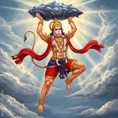 lord hanuman ji carrying sanjeevani mountain powerful flying hanuman