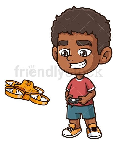 Black Boy Flying Drone Cartoon Clipart Vector - FriendlyStock