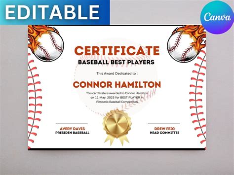 Editable Baseball Award Certificate Bundle Canva Template Team Party