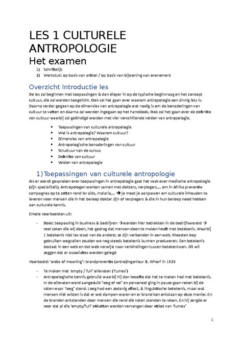 LES 1 Culturele Antropologie - LES 1 CULTURELE ANTROPOLOGIE Het examen ...