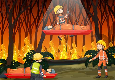 Wildfire Scene With Firerman Rescue In Cartoon Style 6351708 Vector Art