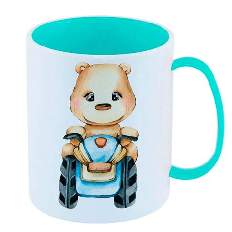 Caneca De Pol Mero Pl Stico Inquebr Vel Infantil Azul Ursinho Fofo Moto