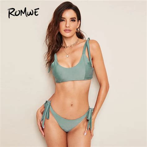 Romwe Sport Knot Strips Wire Free Bikini With Tie Side Thong Bottoms