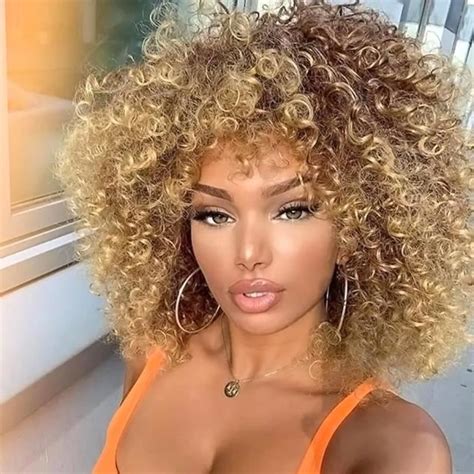 Perruque Blonde Brune Mixte Courte Afro Bresilienne Bouclée Avec Frange Pour Femmes Noires Court