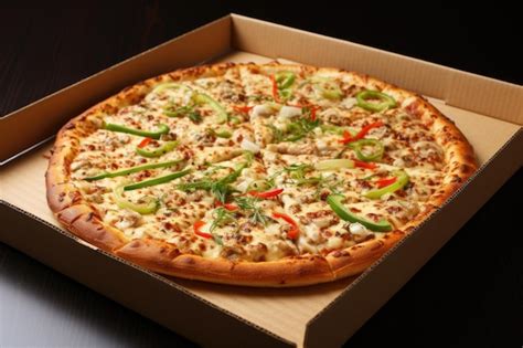 Premium AI Image Delicious Fresh Tasty Pizza In Cardboard Box On Table