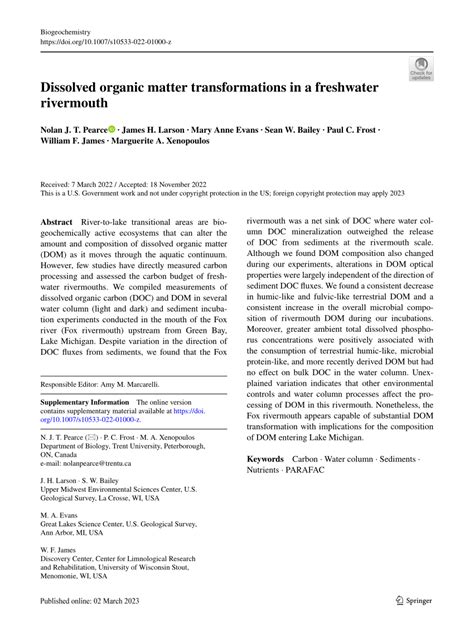 PDF Dissolved Organic Matter Transformations In A Freshwater Rivermouth