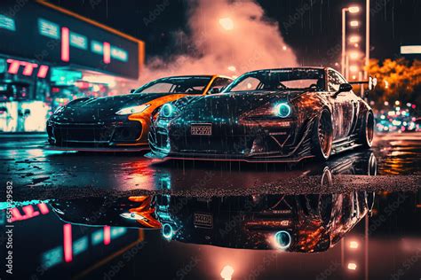 sports cars racing in the night digital art Stock Illustration | Adobe Stock