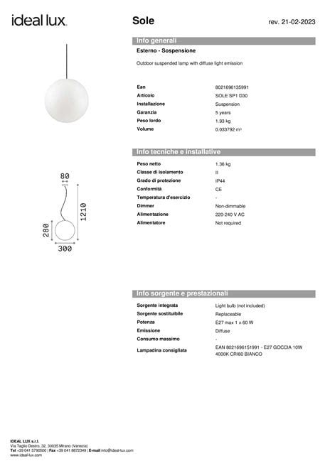 Sole Sp Lampada A Sospensione Per Esterno By Ideal Lux