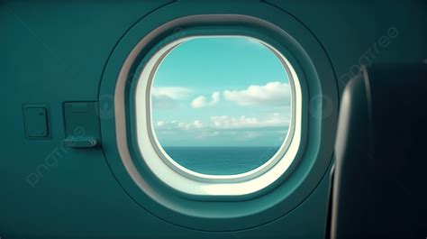 An Airplane Window Looking Out Into The Blue Ocean Below Background 3d